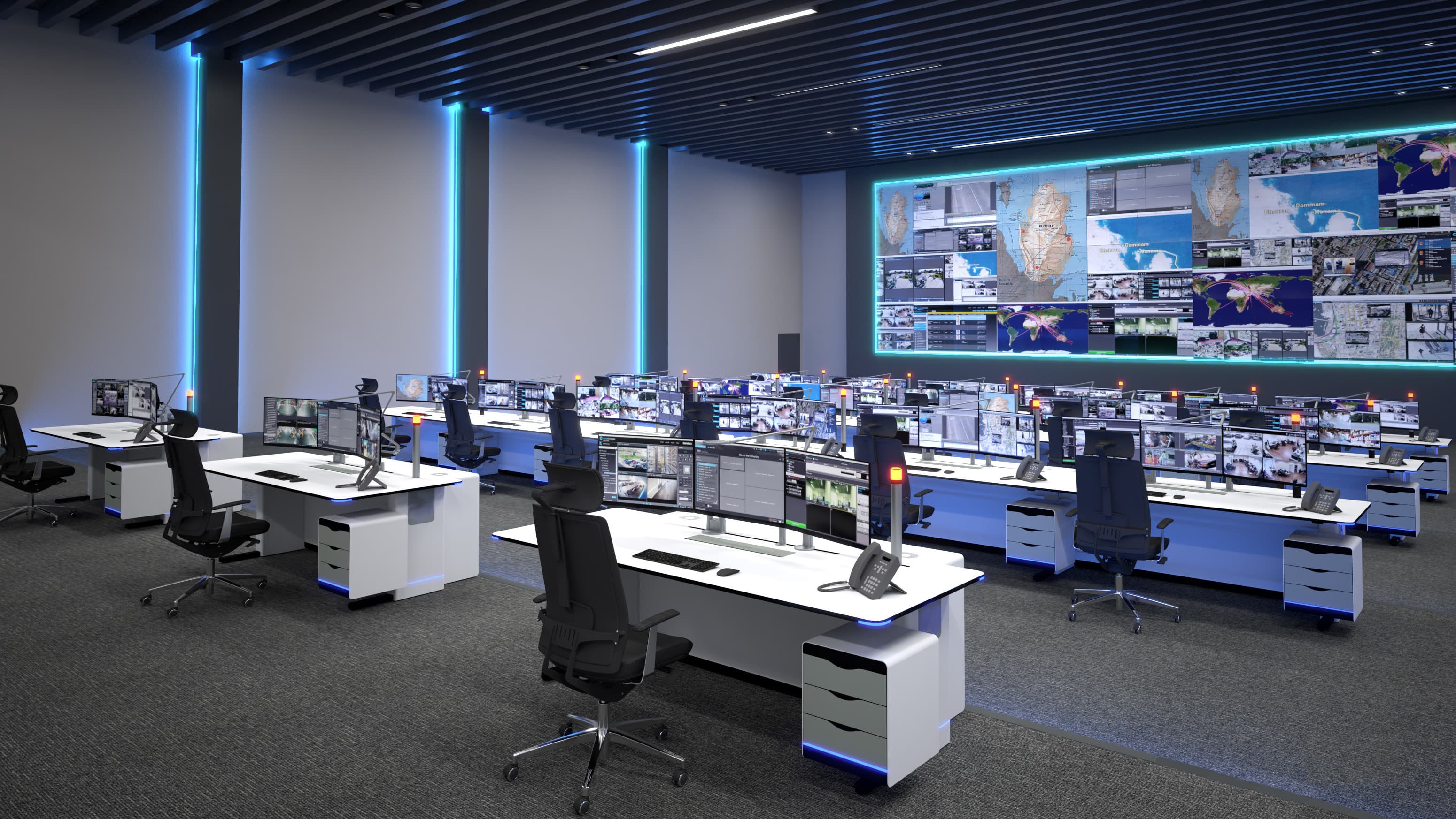 St. Louis County RTCC real-time crime center control room designed by Fountainhead Control Rooms, showing rows of operator consoles with dual monitors and an integrated video wall