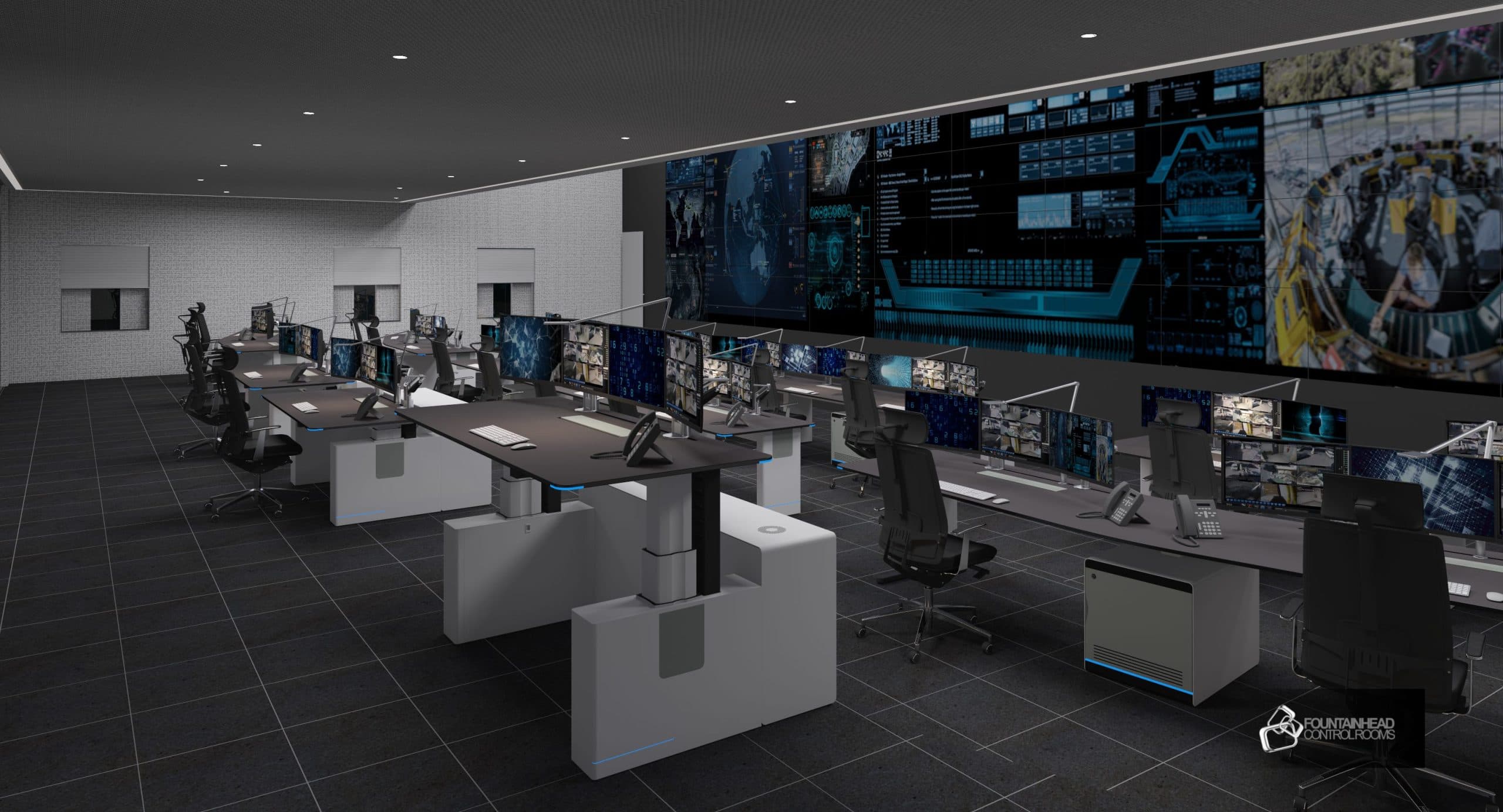 Fountainhead design-build command center with video walls and integrated consoles