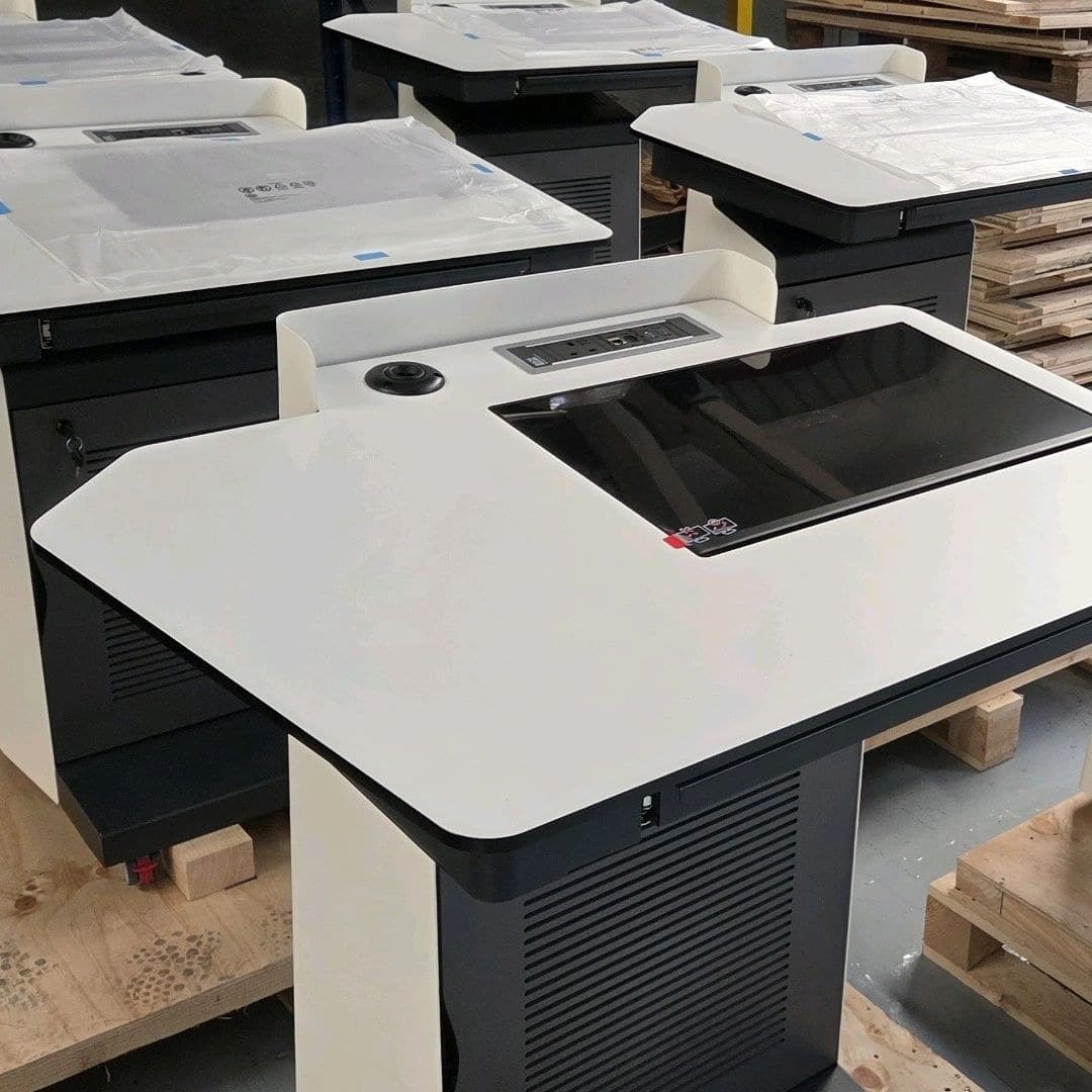 Row of Fountainhead custom podiums with integrated technology