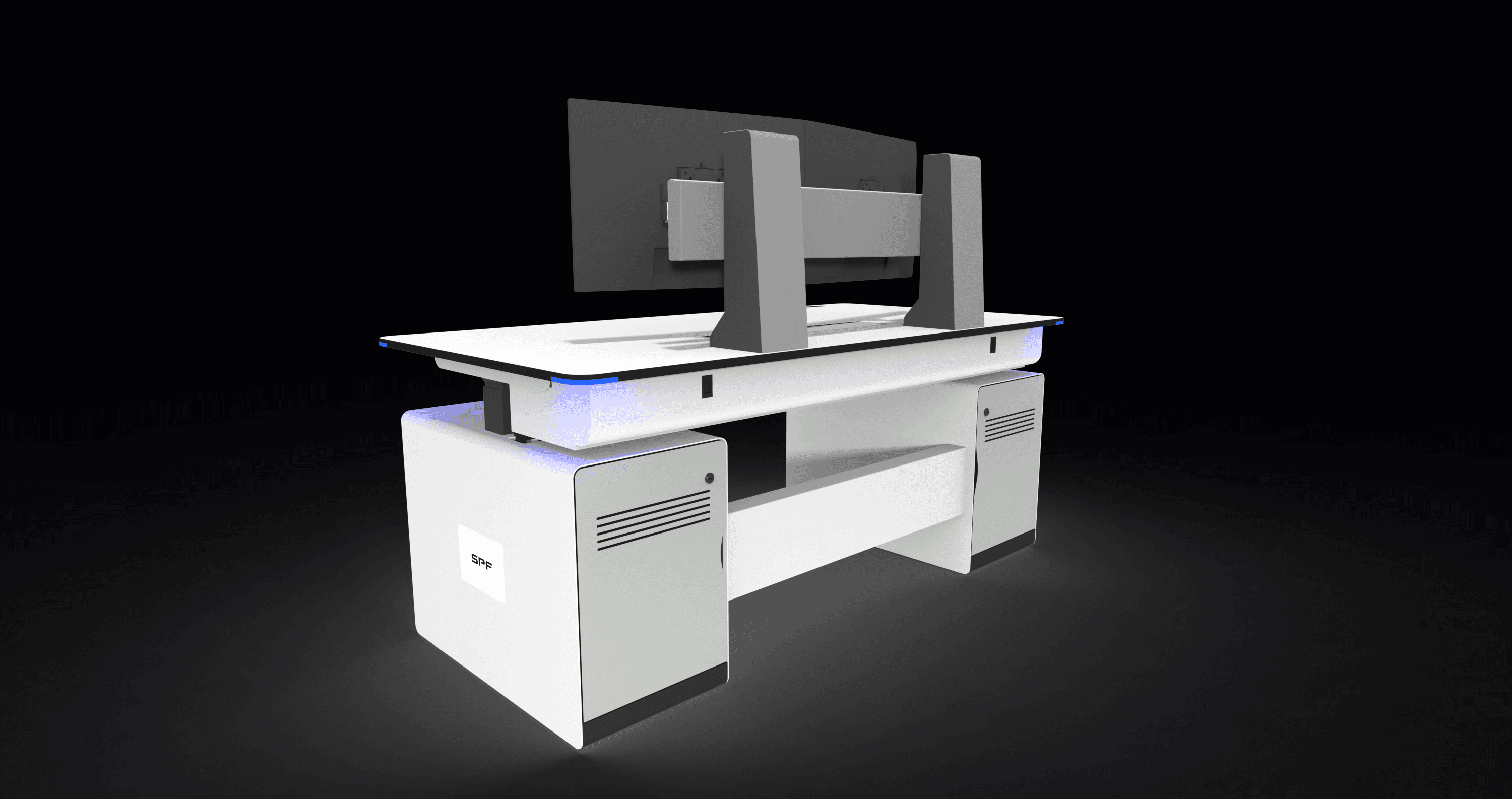 Elite Slatwall console — cable management detail