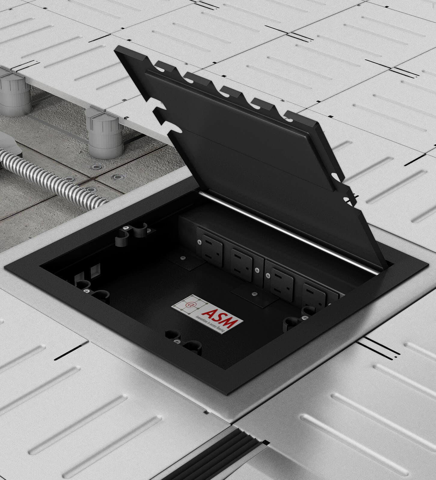 Low-profile raised flooring panel detail