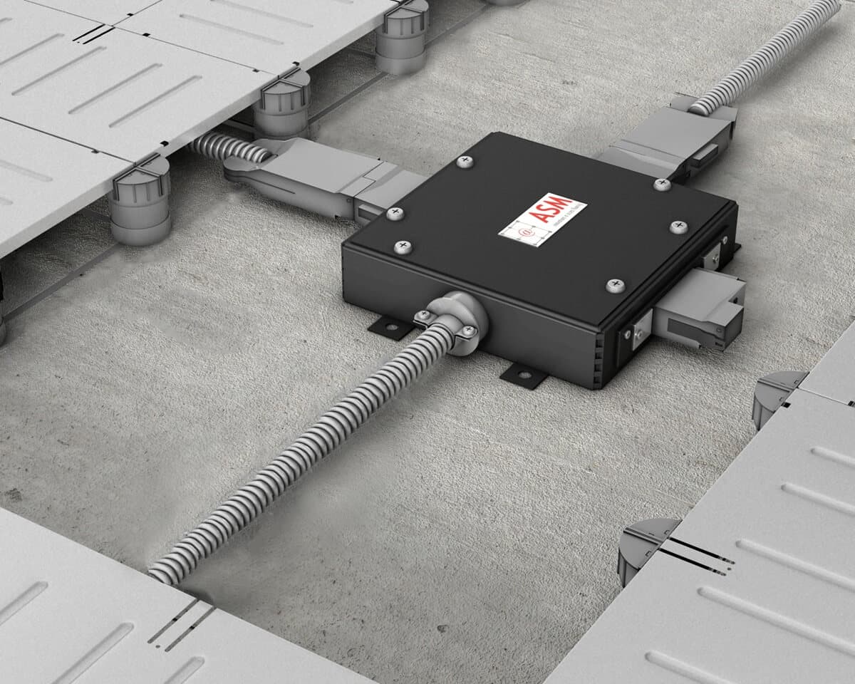 Low-profile raised flooring panel installed in commercial space