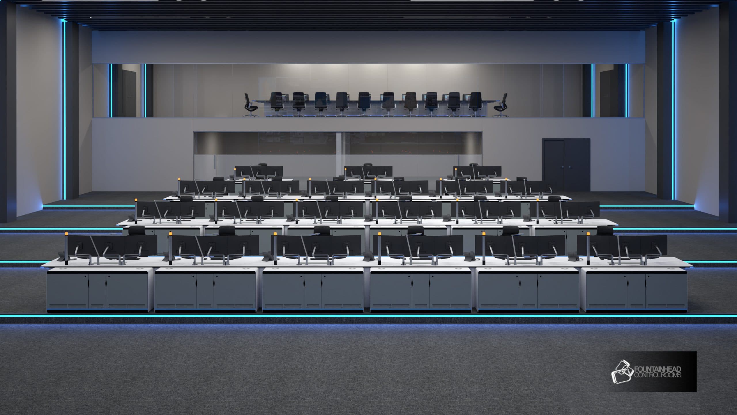 Tiered command center with Fountainhead consoles
