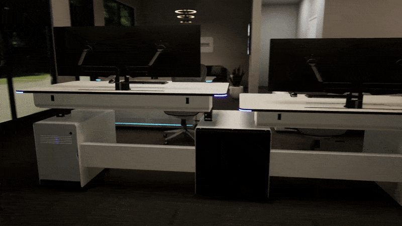 FCReality digital twin animation — console placement and rotation through a control-room space